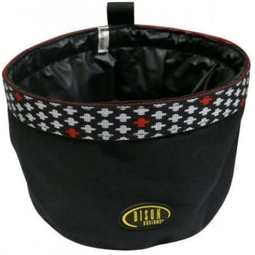 A black Bison Mess a Round pet bowl with a patterned trim and yellow logo, photographed from the front.