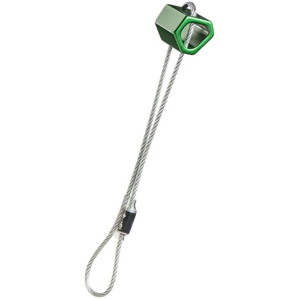 A close-up of the Black Diamond Wired Hexentric climbing protection device with a green hexagonal top and a steel cable loop, set against a plain white background.
