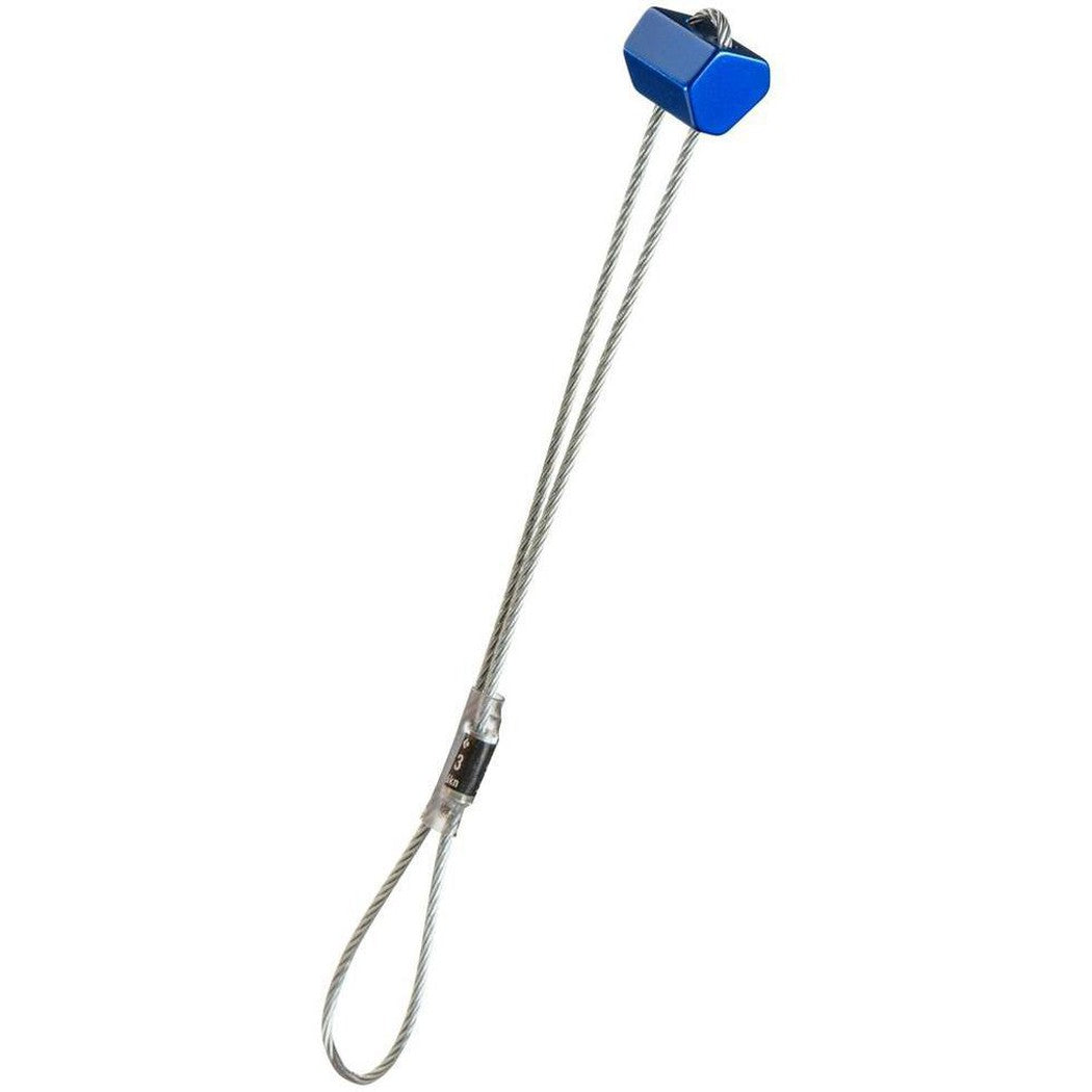 A close-up of the Black Diamond Wired Hexentric climbing protection device with a blue top and silver cable against a white background.