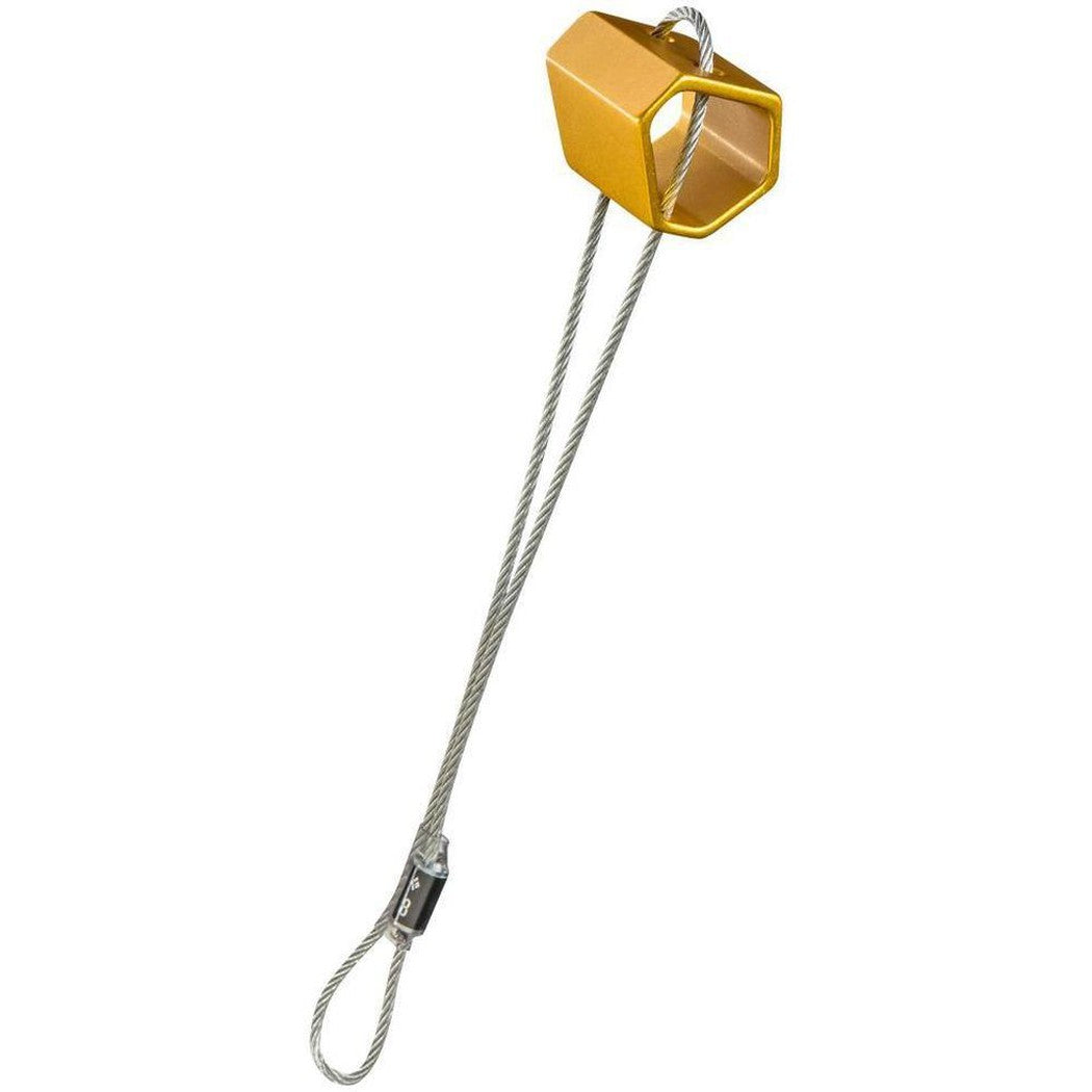 A top-down view of the Black Diamond Wired Hexentric climbing protection device with a yellow hexagonal top and a metal carabiner at the bottom, against a white background.