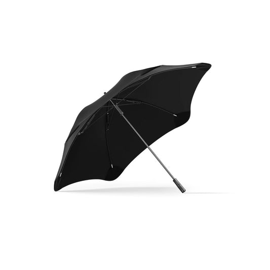 A side view of the Blunt Sport Black umbrella with a silver handle against a white background.