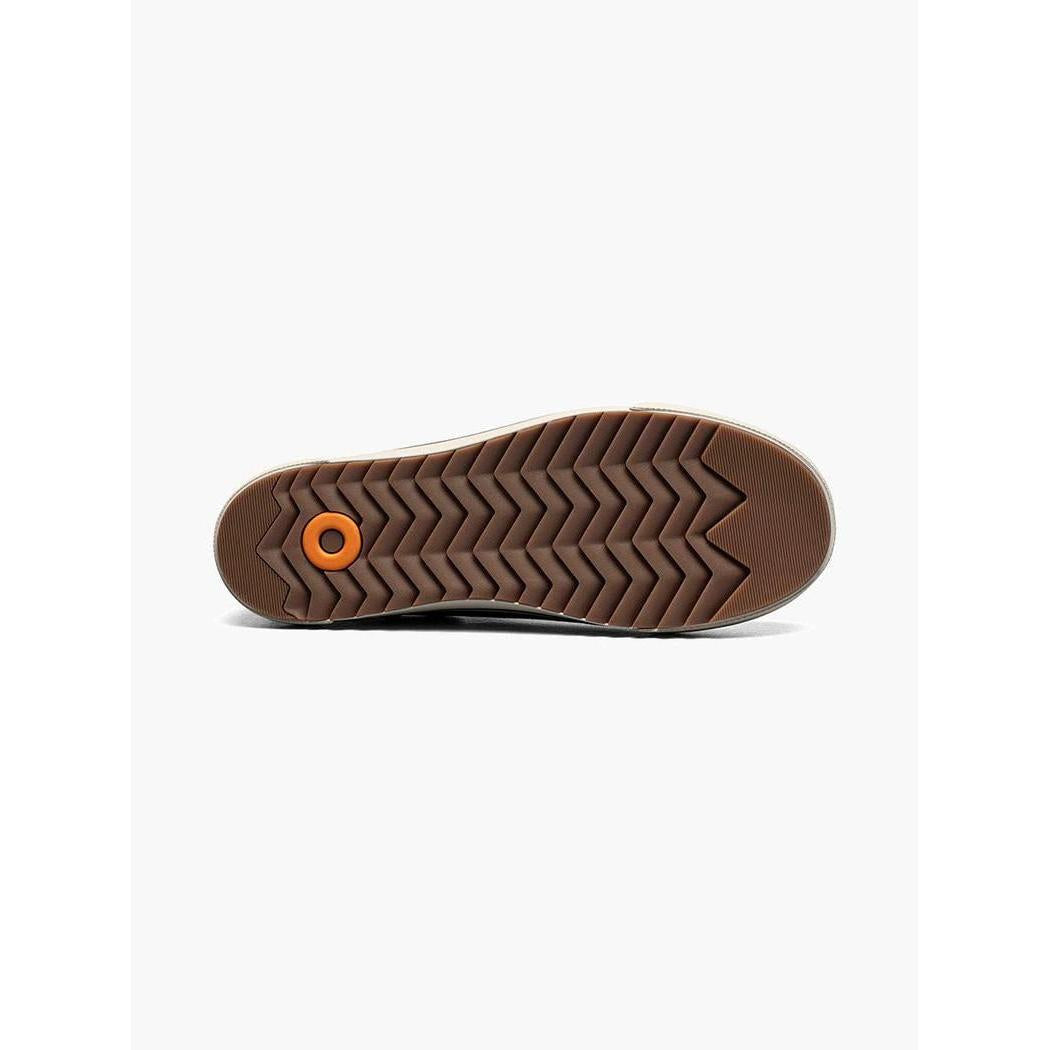 The sole of the Bogs Footwear Men's Kicker Rain Chelsea II in Gray is shown from below with a chevron tread pattern and an orange accent against a white background.