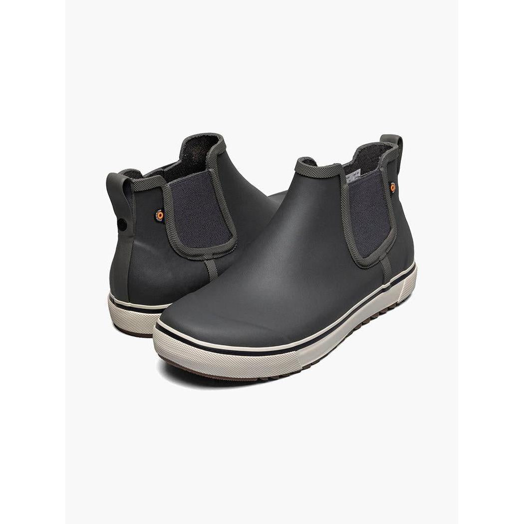 Side view of the Bogs Footwear Men's Kicker Rain Chelsea II in Gray showing the elastic side panels against a white background.