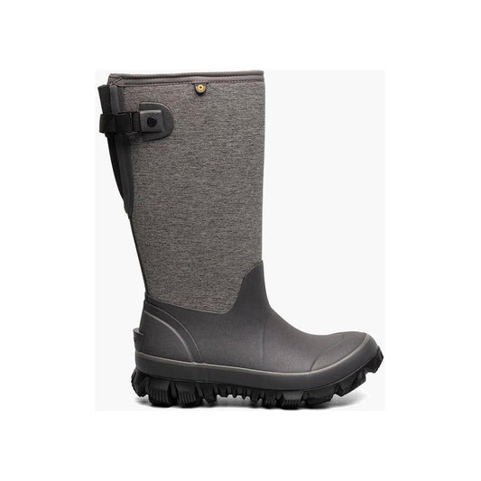 Side view of the Bogs Footwear Women's Whiteout Adjustable Calf - Heather in Gray showing the adjustable buckle and rugged outsole against a white background.