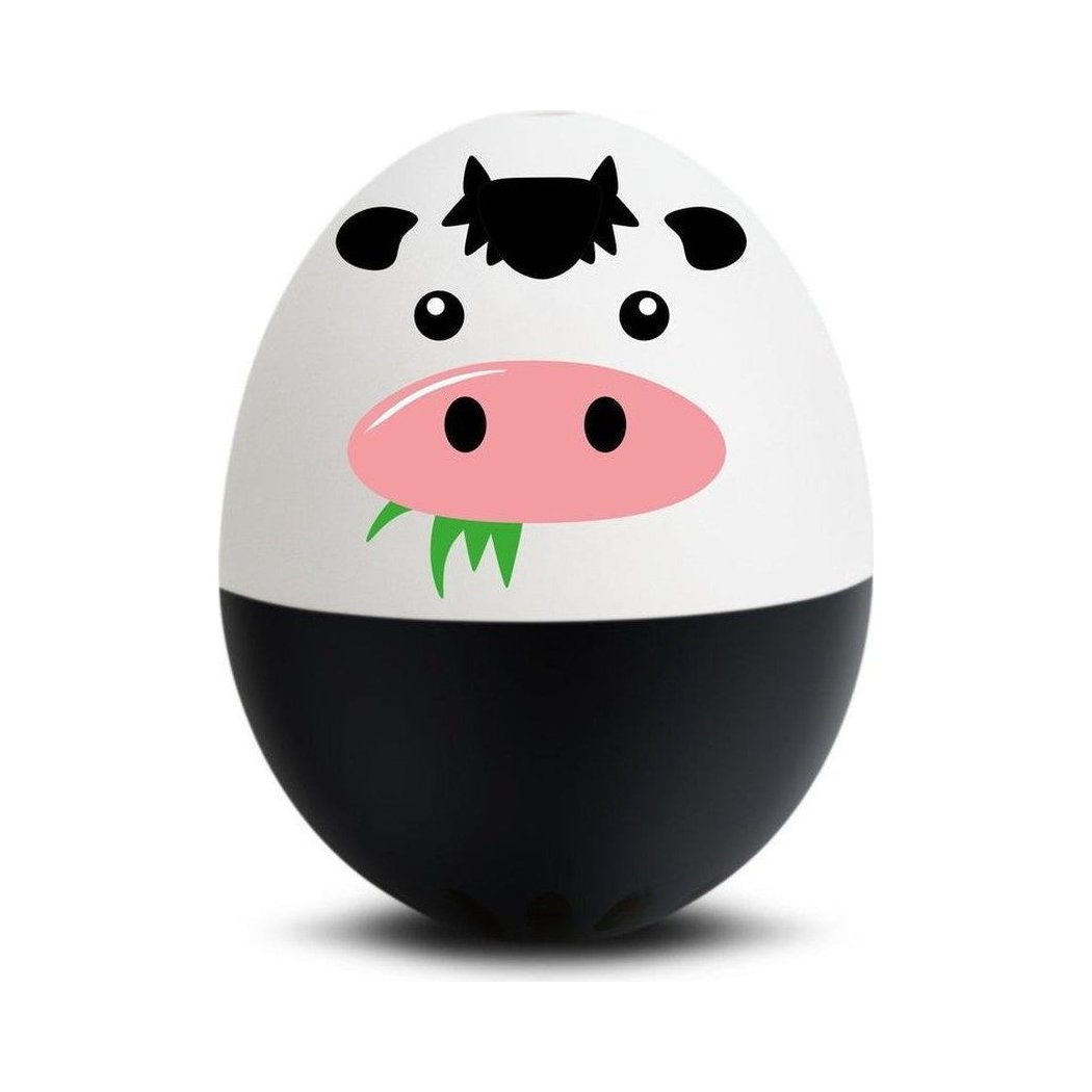 A top-down view of the Brainstream USA Barnyard BeepEgg in Chicken color with a cow face design and green grass accents.