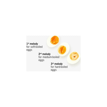 Three hard-boiled egg halves show the 1st, 2nd, and 3rd melodies for soft, medium, and hard-boiled eggs.