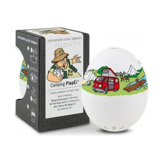 A front view of the Brainstream USA BeepEgg - Camping with a camping scene on the egg and its black box beside it.