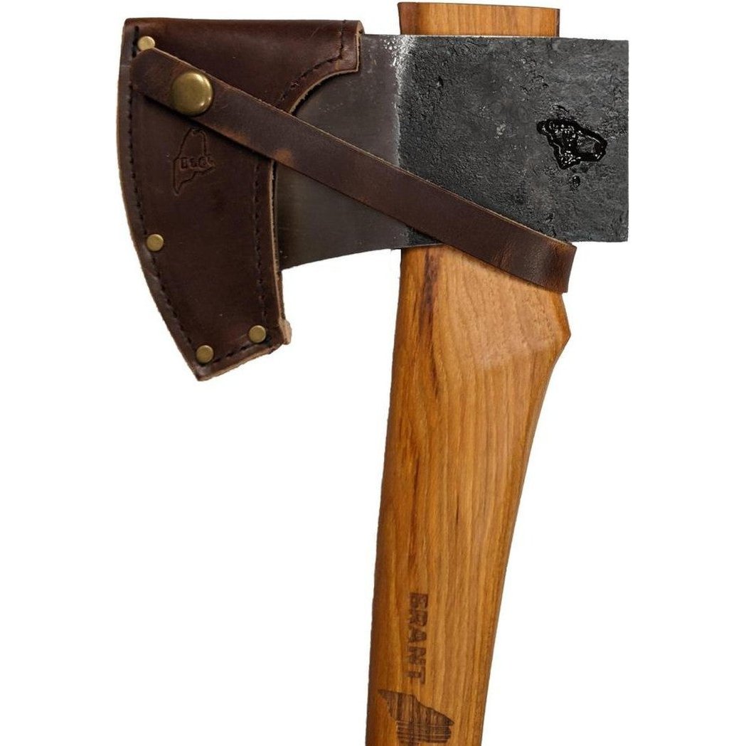 A close-up of the Brant & Cochran Allagash Cruiser Maine Wedge Camp Axe with a wooden handle and charcoal-colored metal head, shown against a white background.
