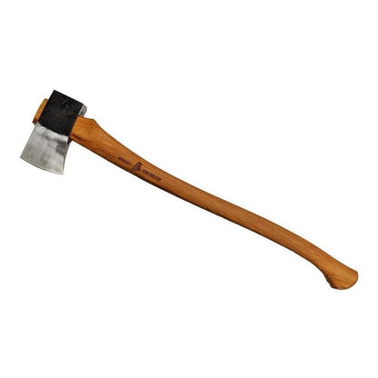 A natural, complete sentence describing the photo. Nothing else — no prefix, no quotes.

A side view of the Brant & Cochran Allagash Cruiser Maine Wedge Camp Axe with a wooden handle and metal head