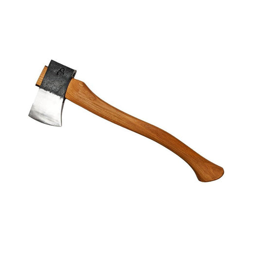 A side view of the Brant & Cochran Dirigo Belt Axe with a natural wooden handle and a charcoal/ graphite head against a white background.