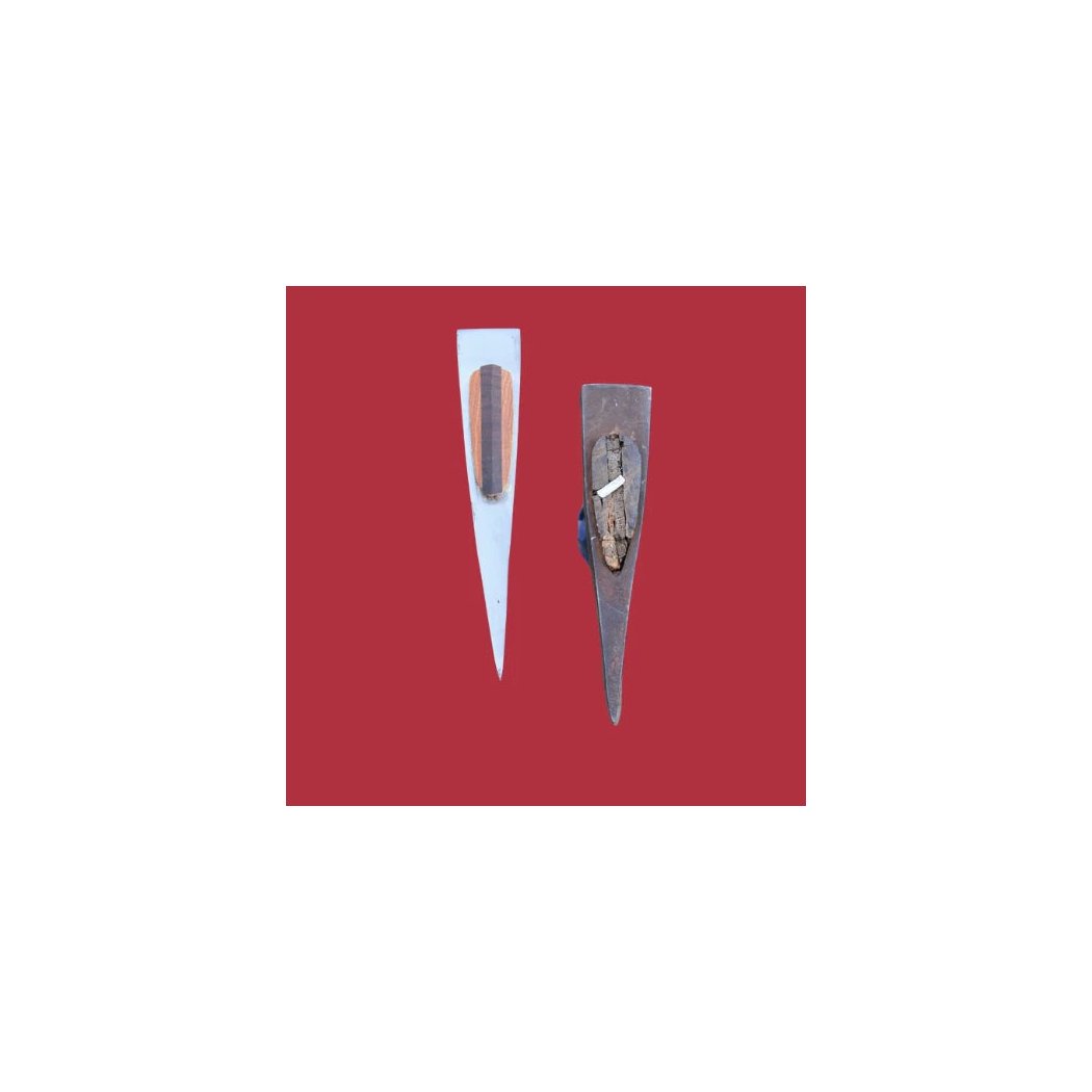 Two Brant & Cochran The Voyageur Hudson Bay Axes sit on a red background, one white with a brown handle and one charcoal/graphite with a metal handle.
