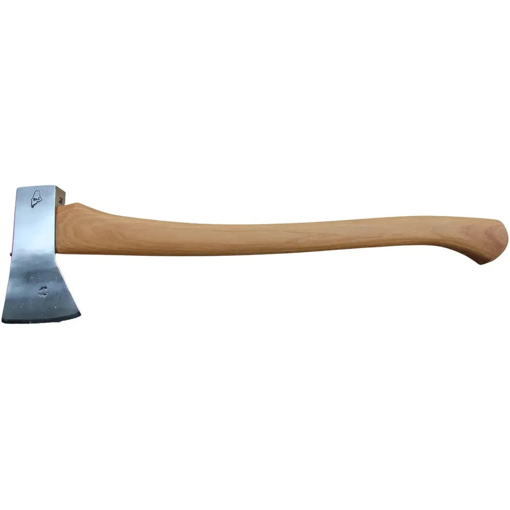 A side view of the Brant & Cochran The Voyageur Hudson Bay Axe with a wooden handle and metal head against a white background.