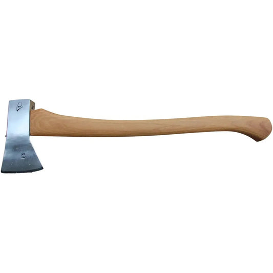 A side view of the Brant & Cochran The Voyageur Hudson Bay Axe with a wooden handle and metal head against a white background.