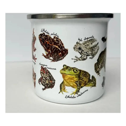A white Brush & Bark Camping Mug with a silver rim displays various frog illustrations against a plain background.