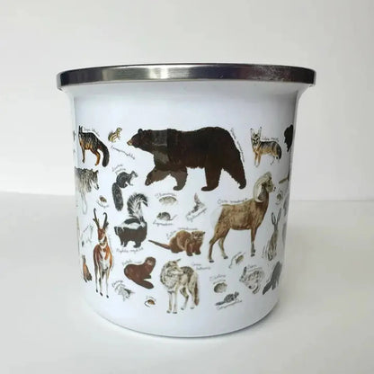 A white Brush & Bark Camping Mug with a silver rim displays various animal illustrations on its surface.