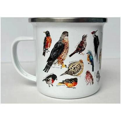 A white Brush & Bark Camping Mug with a silver rim displays colorful Backyard Birds illustrations on its front.