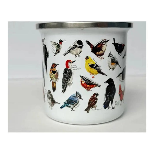 A white Brush & Bark Camping Mug with a silver rim displays colorful Backyard Birds illustrations against a plain white background.