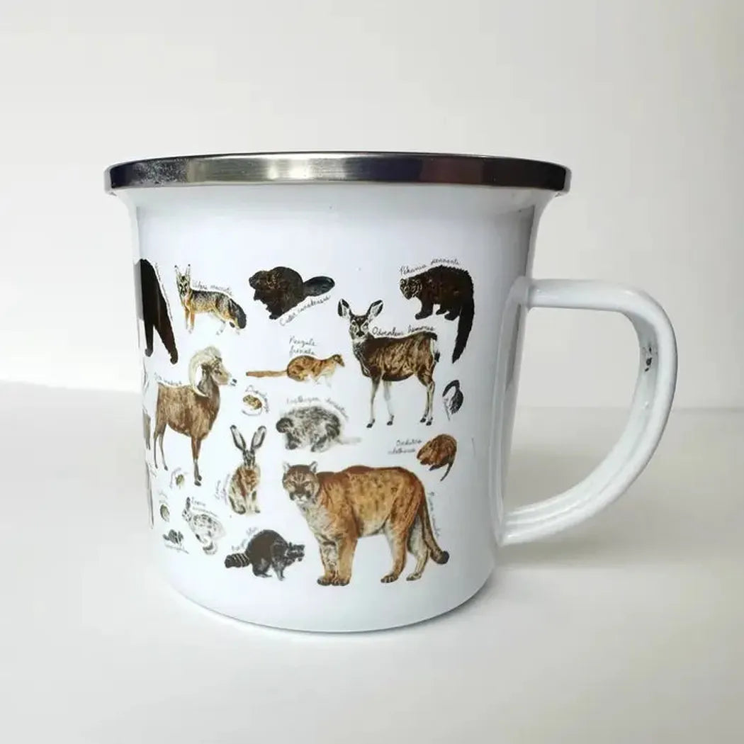 A white Brush & Bark Camping Mug with a silver rim displays various animal illustrations on its surface.