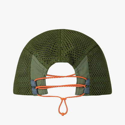 A back view of the Buff 5 Panel Air Cap - Saret in Military color showing the orange cord closure against a white background.