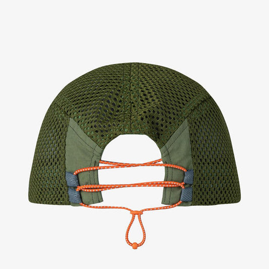 A back view of the Buff 5 Panel Air Cap - Saret in Military color showing the orange cord closure against a white background.