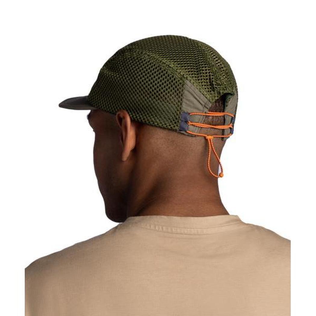 Back view of the Buff 5 Panel Air Cap - Saret in Military color showing the orange cord and mesh back on a model against a white background.