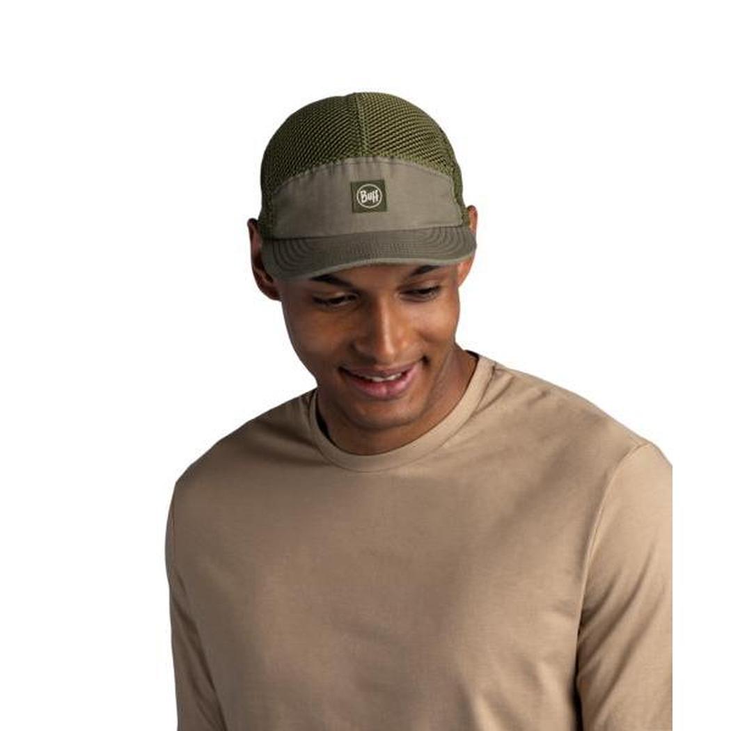A model wears the Buff 5 Panel Air Cap - Saret in Military color, shown from the front against a white background.