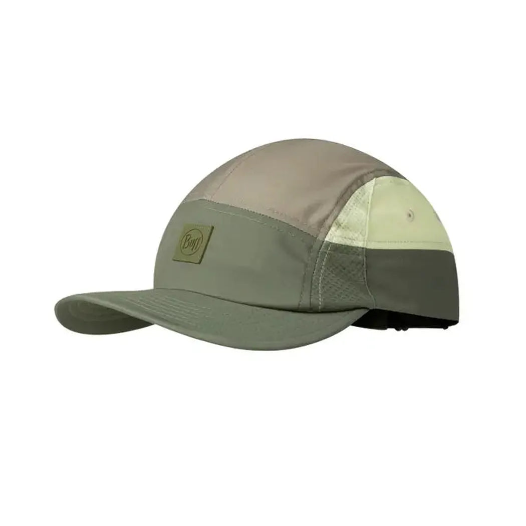 A front view of the Buff 5 Panel Go Cap - Domus in Steel Grey with a logo patch and a white background.