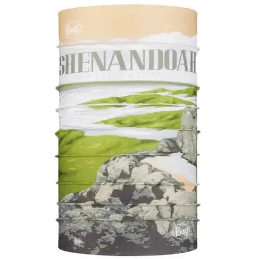 A Buff Cool UV+ Shenandoah bandana in Shenandoah color, showing a landscape print and the brand name on the front.