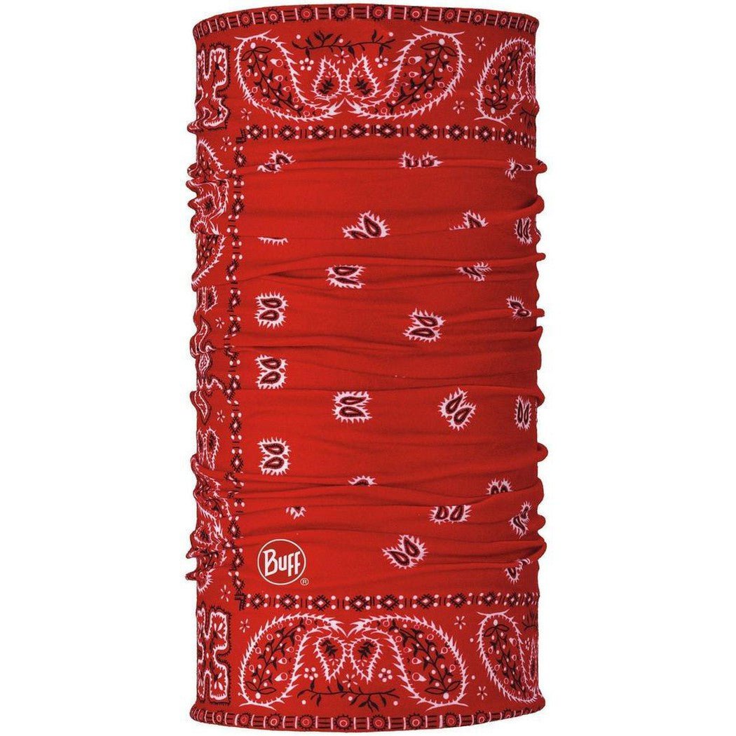 A red Buff CoolNet UV+ Bantana with white patterns, shown from the front against a white background.