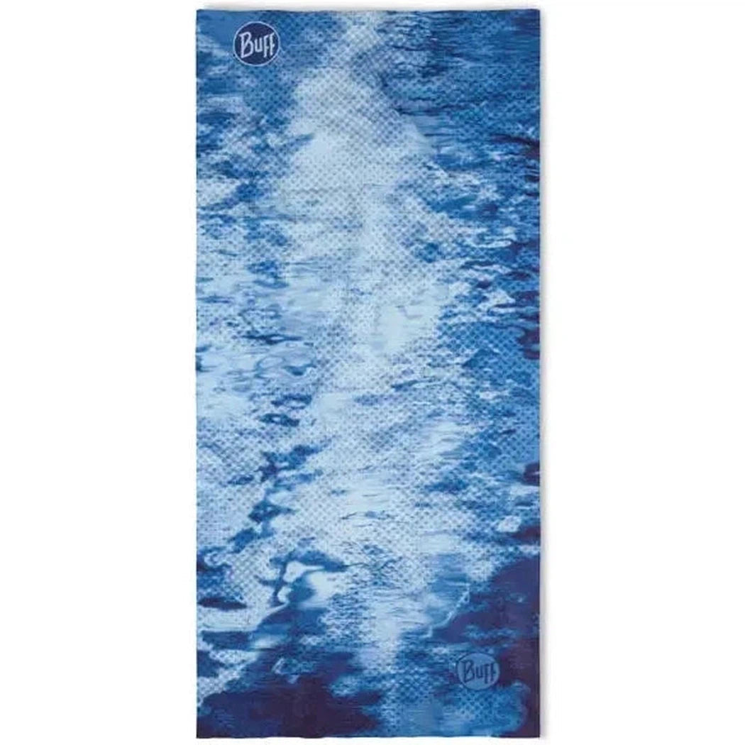A blue Buff CoolNet UV Camo bandana with a water-like pattern, showing the brand logo at top and bottom.