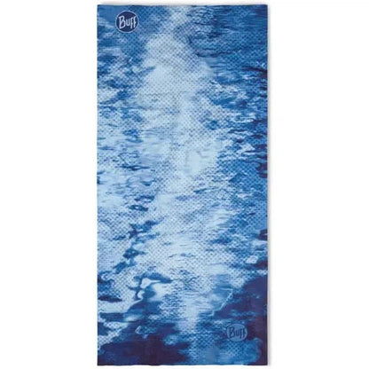 A blue Buff CoolNet UV Camo bandana with a water-like pattern, showing the brand logo at top and bottom.