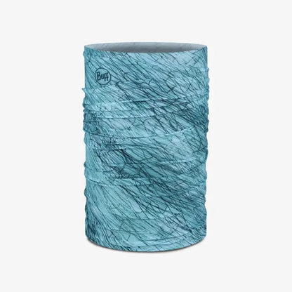 A side view of the Buff CoolNet UV Insect Shield - Colfu Pool bandana with a blue and black pattern against a white background.