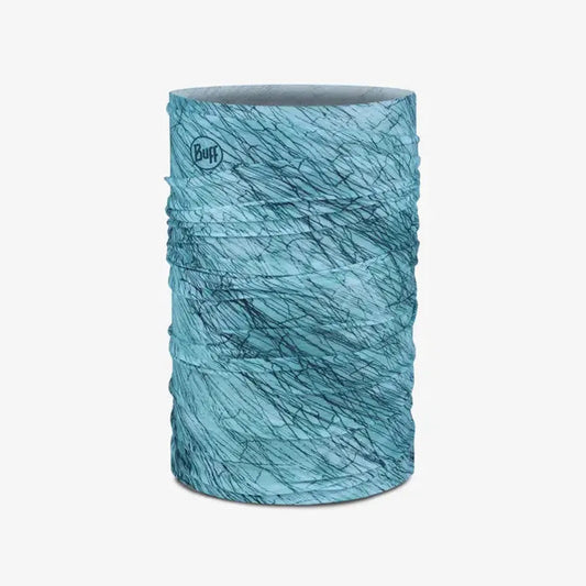 A side view of the Buff CoolNet UV Insect Shield - Colfu Pool bandana with a blue and black pattern against a white background.