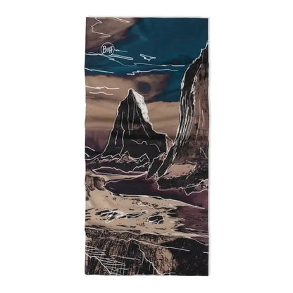 A multi-colored Buff CoolNet UV Insect Shield - Teroy bandana displays a mountain landscape with a dark blue sky and white lines.