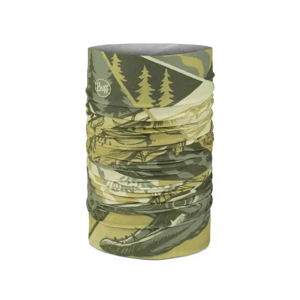 A front view of the Buff CoolNet UV - Musky in Khaki showing the tree and mountain design against a white background.