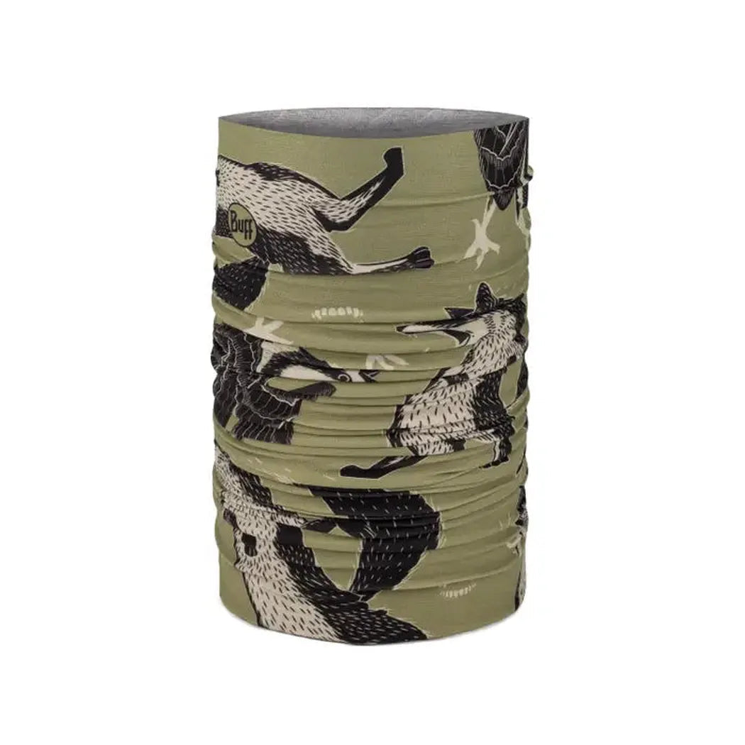 A side view of the Buff CoolNet UV - Rub Chomp in Khaki showing the fox pattern against a white background.