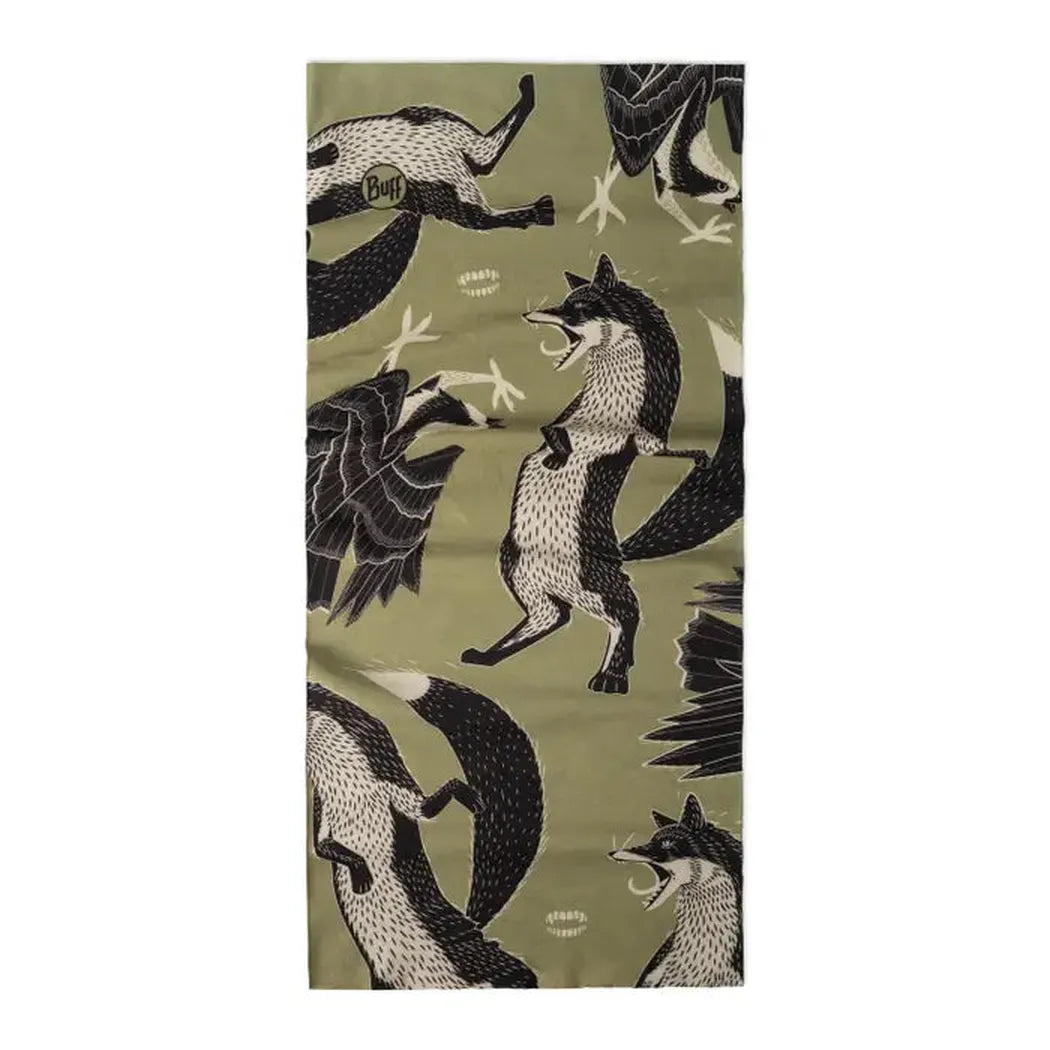 A khaki Buff CoolNet UV - Rub Chomp bandana with illustrated foxes and leaves.