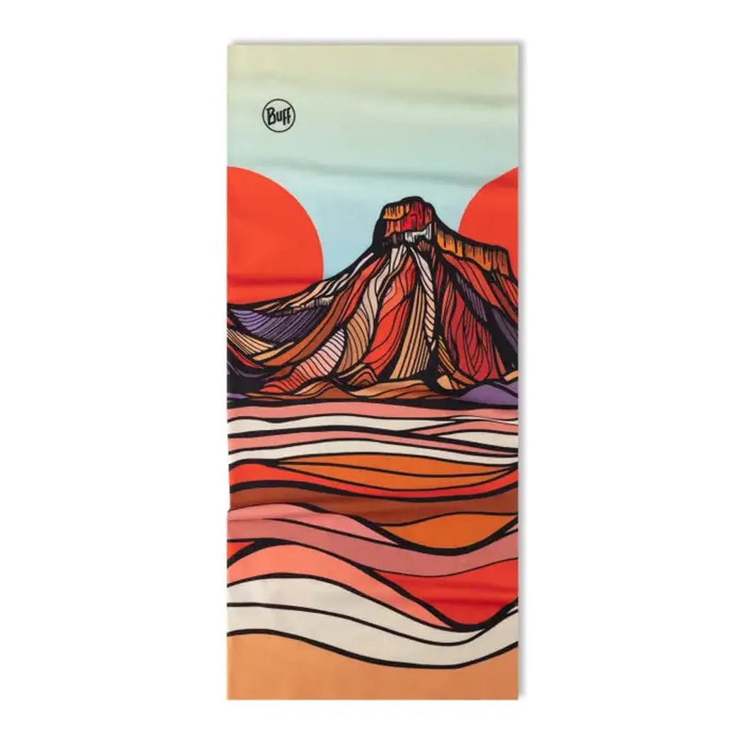 A Buff CoolNet UV - Theaberry bandana shows a colorful mountain landscape with red suns and wavy lines.