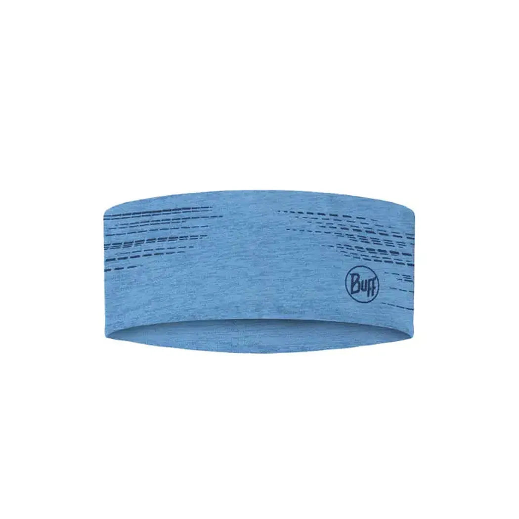 A front view of the Buff DryFlx Headband in Washed Blue with the brand logo and subtle pattern visible against a white background.