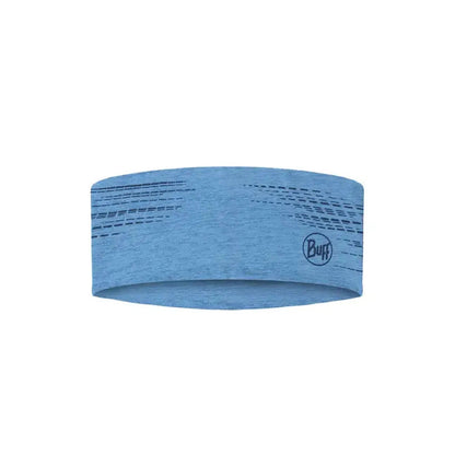 A front view of the Buff DryFlx Headband in Washed Blue with the brand logo and subtle pattern visible against a white background.