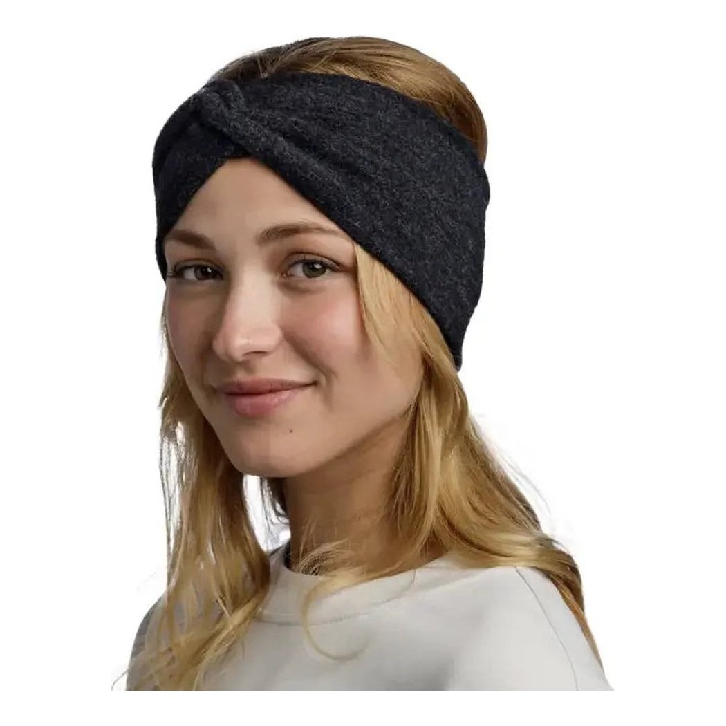 A model wears the Buff Merino Fleece Headband Vente Prive in Black, shown from the side against a white background.