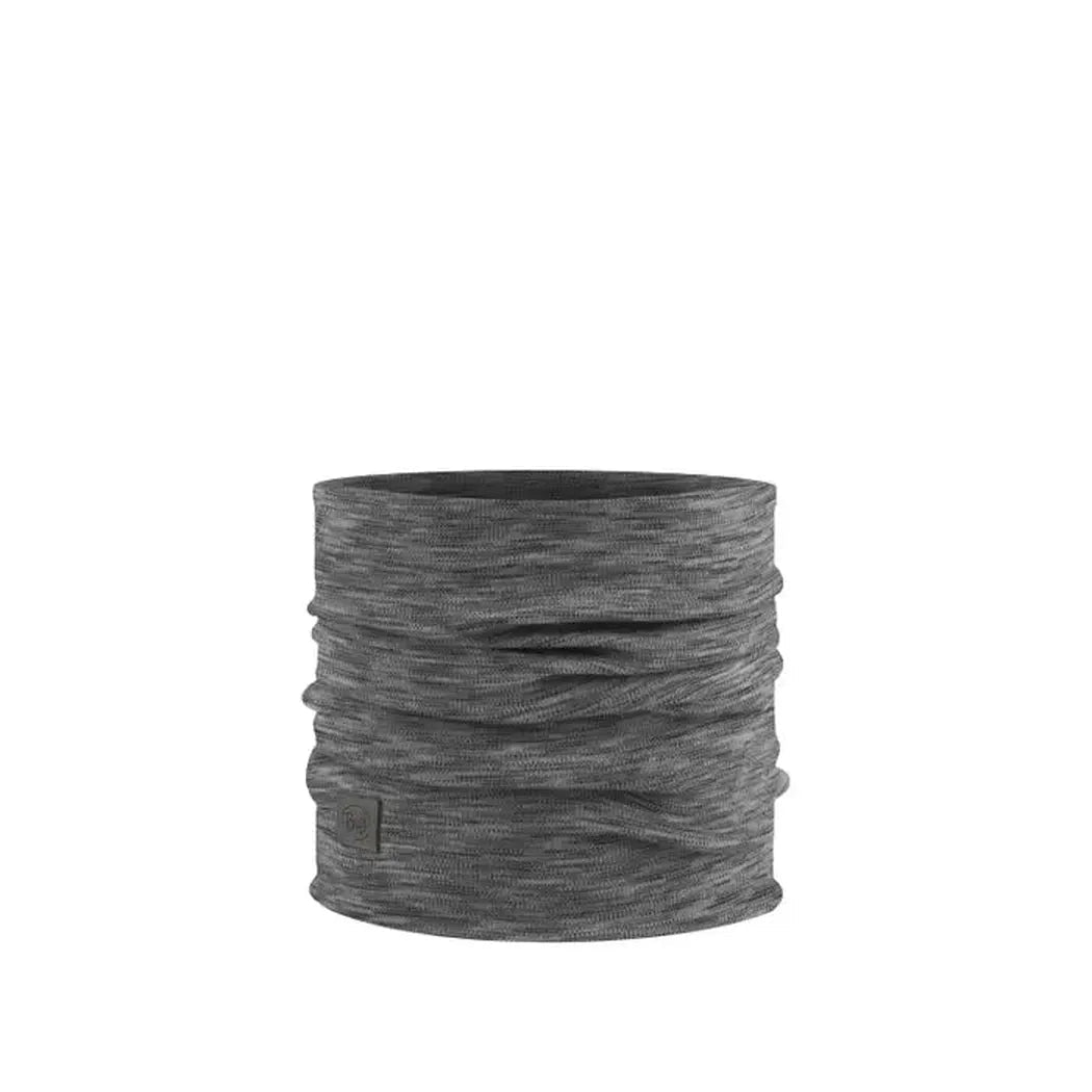 A front view of the Buff Merino Heavyweight Neck Warmer Multi Stripes in Fog Grey against a white background.