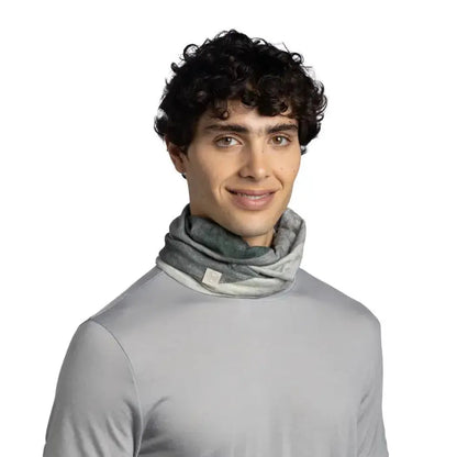A front view of the Buff Merino Lightweight Digital Print - Aler in Grey worn by a model against a white background.