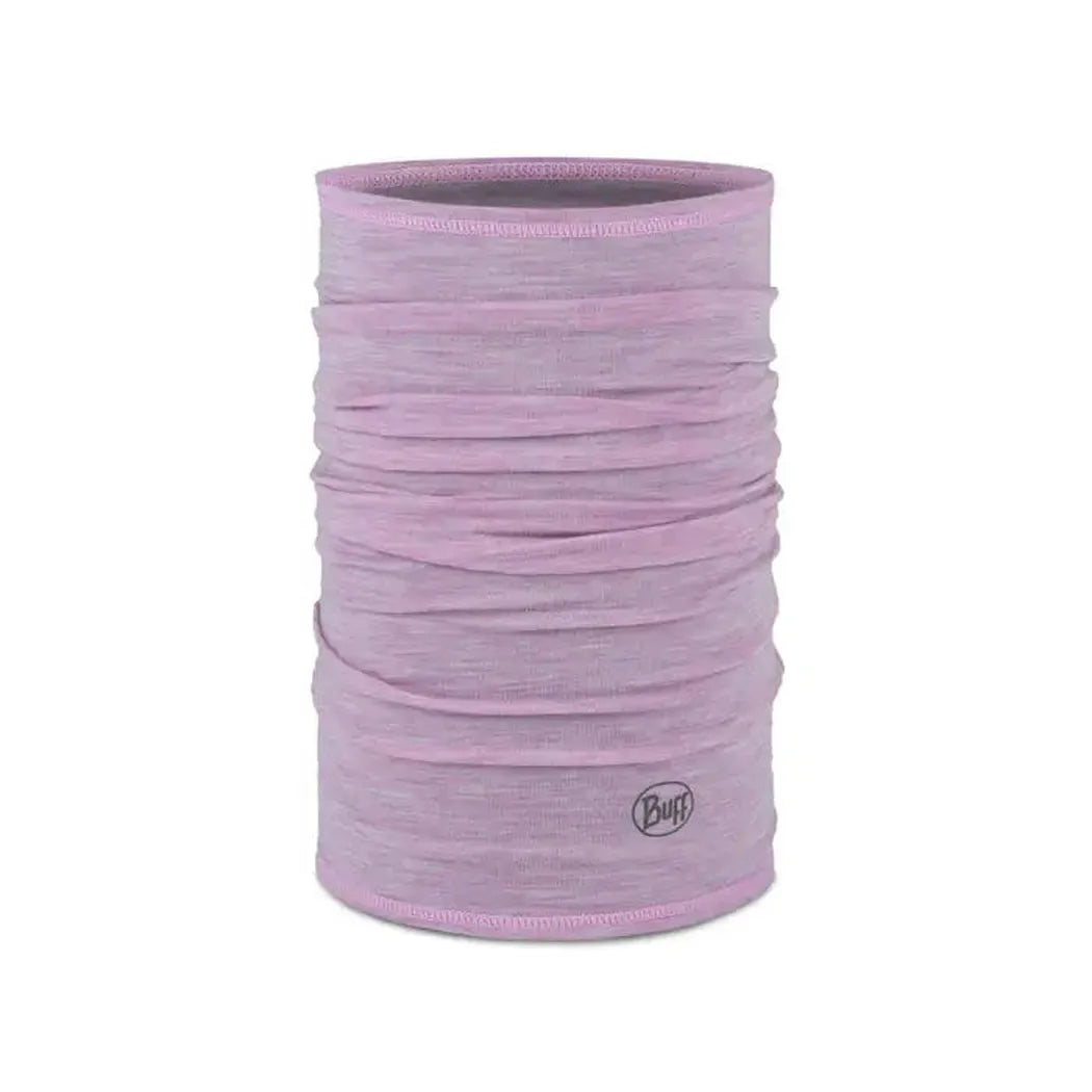 A front view of the Buff Merino Lightweight - Solid in Lake Blue showing the logo on the bottom against a white background.