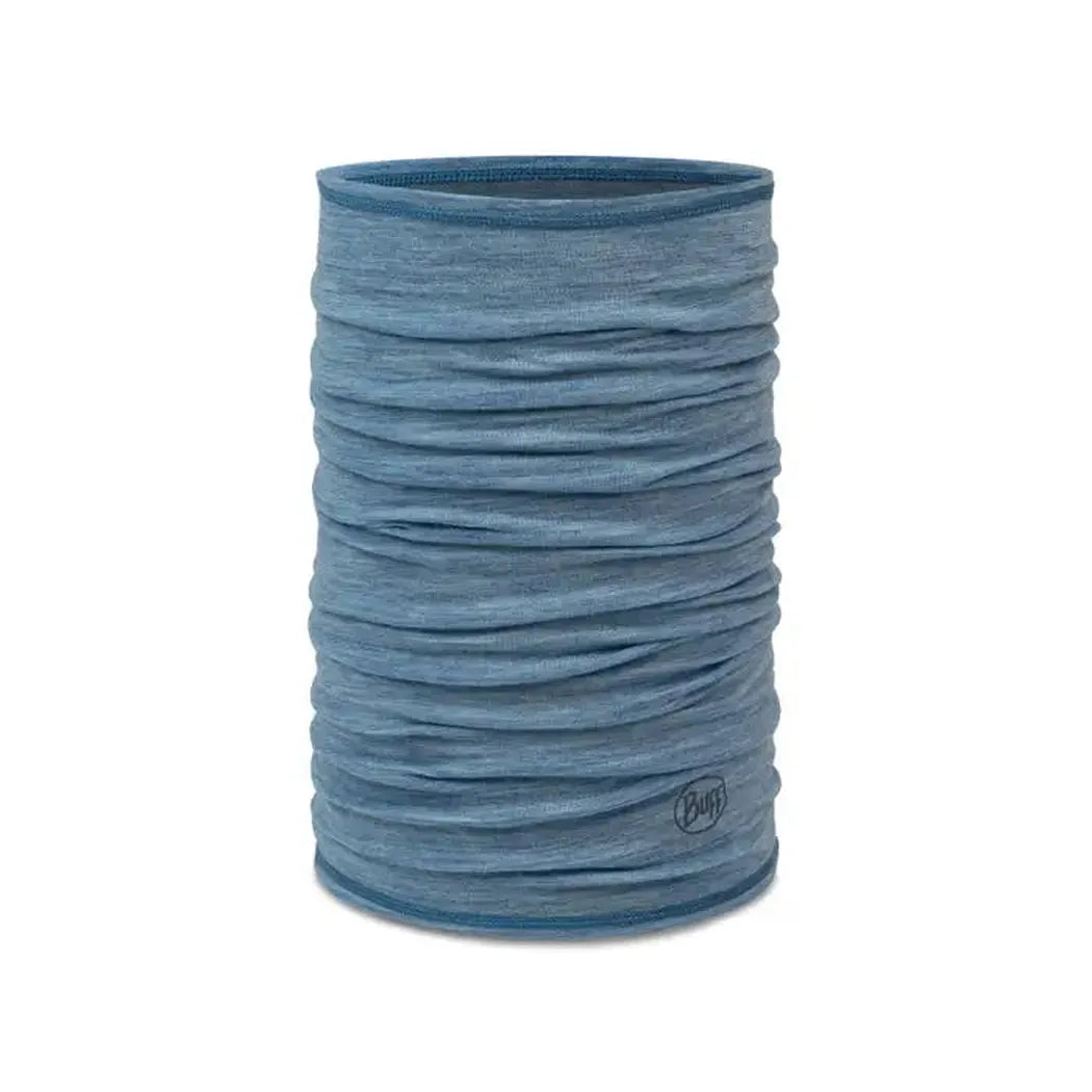 A side view of the Buff Merino Lightweight - Solid in Lake Blue showing the folded texture against a white background.