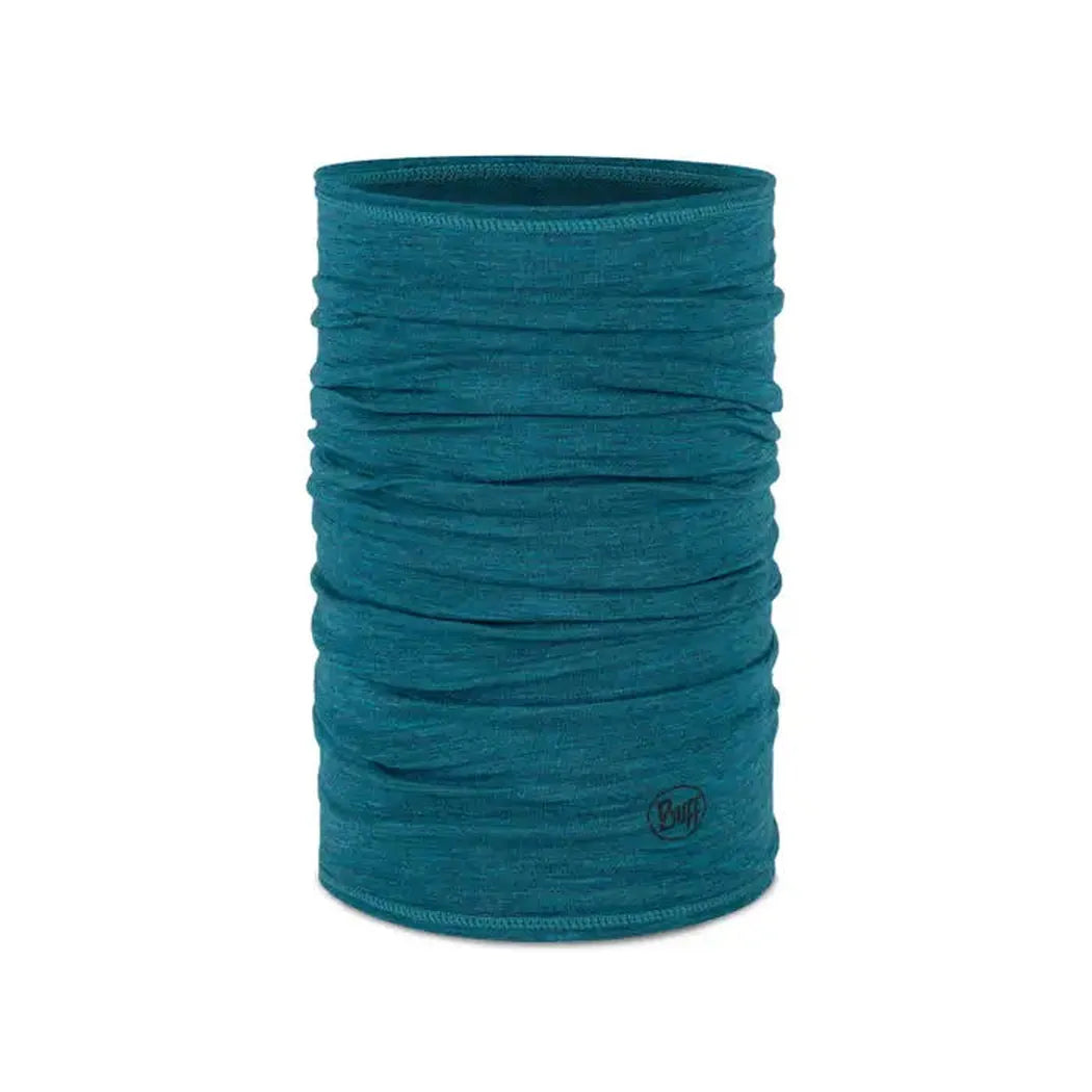 A front view of the Buff Merino Lightweight - Solid in Lake Blue with a small logo on the lower right.