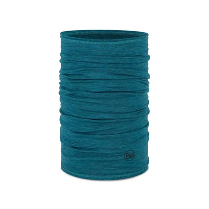 A front view of the Buff Merino Lightweight - Solid in Lake Blue with a small logo on the lower right.