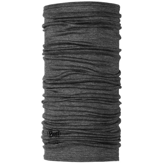 A front view of the Buff Merino Lightweight + Wool Grey bandana showing the brand logo at the bottom against a white background.