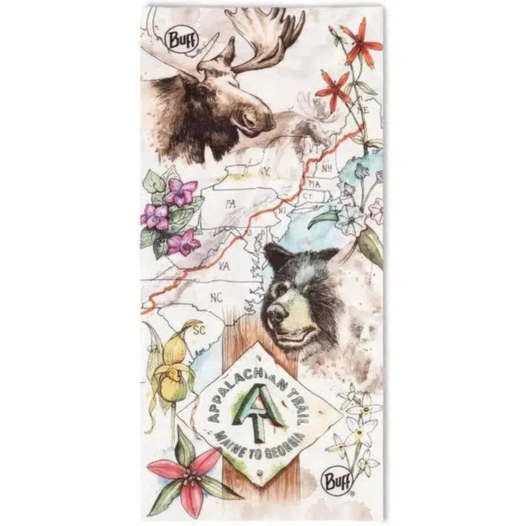 A multi-colored Buff Original Ecostretch - Appalachian Trail bandana features a moose, bear, and Appalachian Trail logo with flowers and a map.
