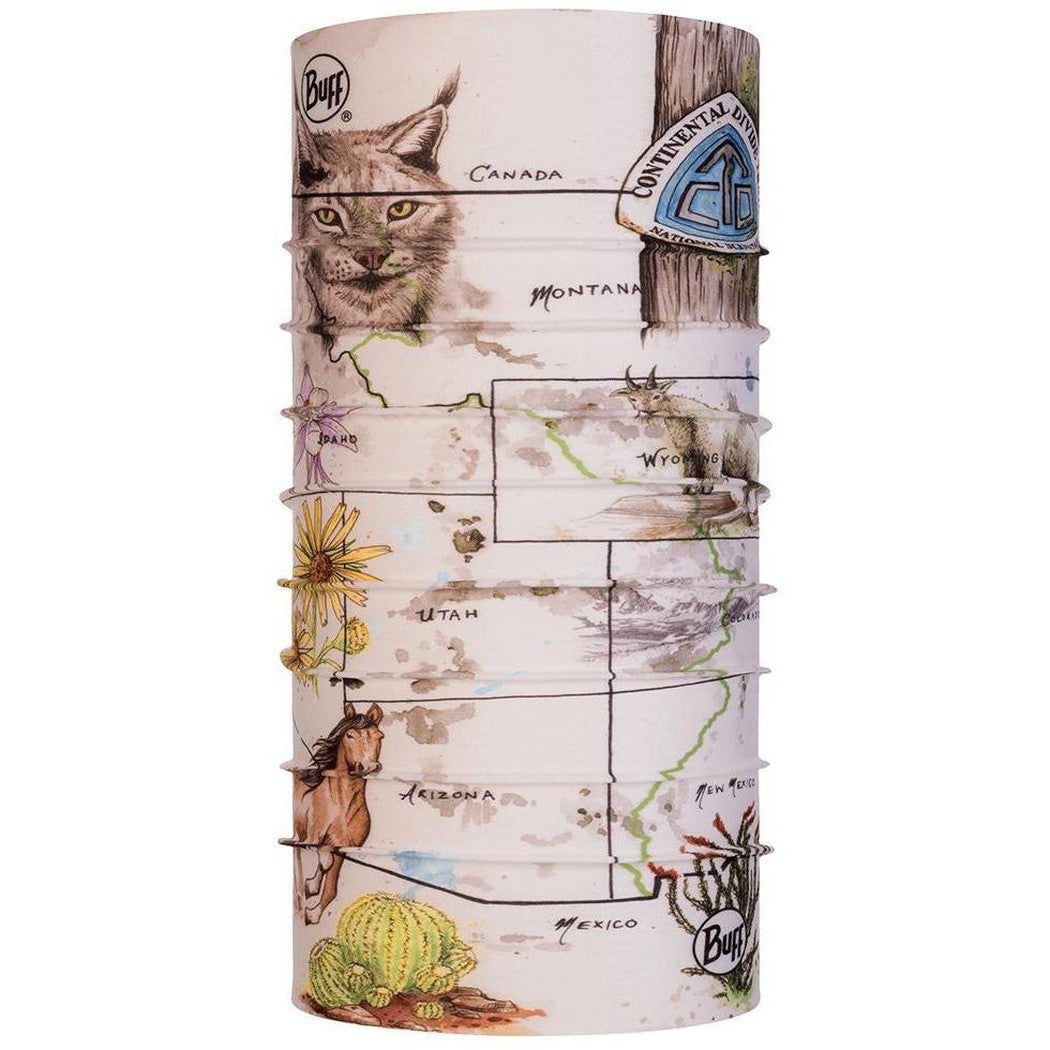 A side view of the Buff Original Triple Crown Series Continental Divide Trail bandana showing a lynx, cactus, and map design against a white background.